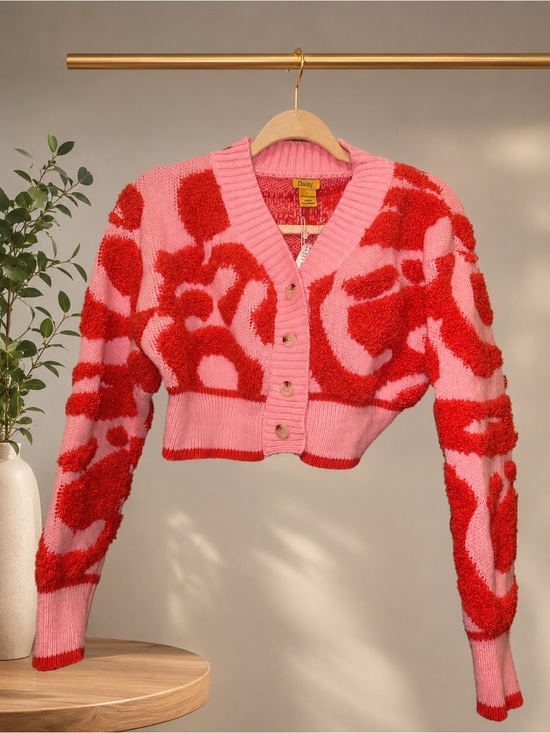 Daisy Sweaters - Daisy Pink Fuzzy Abstract Cropped Cardigan